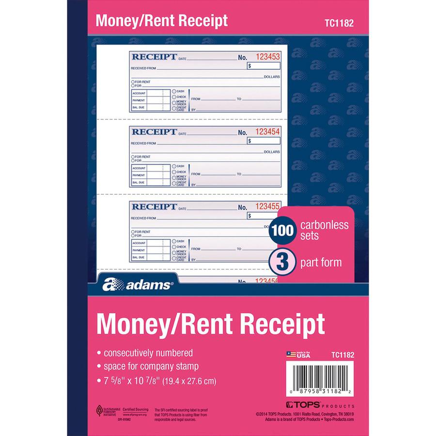 Adams Tapebound 3-part Money Receipt Book - 100 Sheet(s) - Tape Bound - 3 PartCarbonless Copy - 2.75" x 7.62" Form Size - White, Canary, Pink - Assorted Sheet(s) - 1 Each. Picture 3