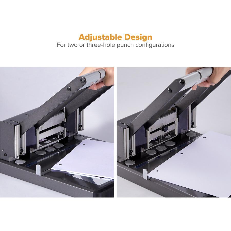 Bostitch Antimicrobial Adjustable Hole Punch - 3 Punch Head(s) - 160 Sheet of 20lb Paper - 9/32" Punch Size - Round Shape - 15" x 6" - Black, Silver. Picture 2
