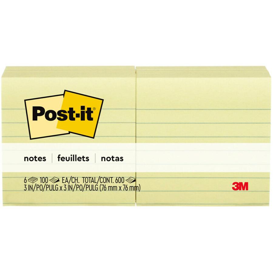 Post-it&reg; Lined Notes - 600 x Canary Yellow - 3" x 3" - Square - 100 Sheets per Pad - Ruled - Yellow - Paper - Self-adhesive, Repositionable, Removable - 6 / Pack. Picture 3