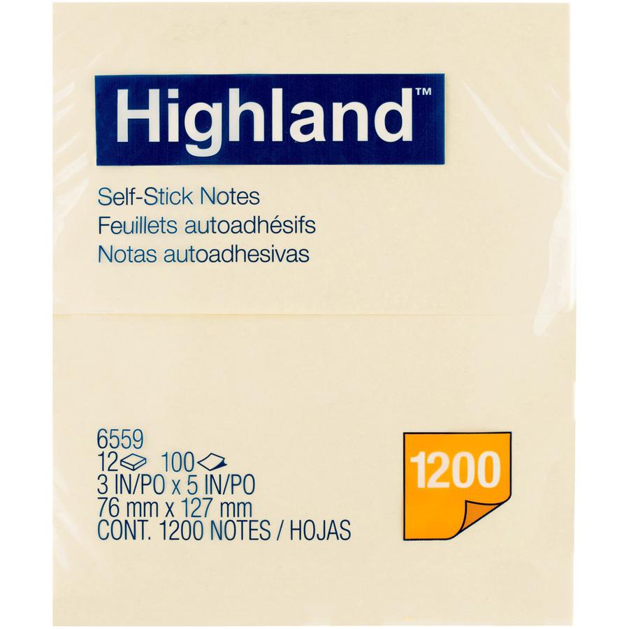 Highland Self-sticking Notepads - 1200 - 3" x 5" - Rectangle - 100 Sheets per Pad - Unruled - Yellow - Paper - Self-adhesive, Repositionable - 12 / Pack. Picture 4