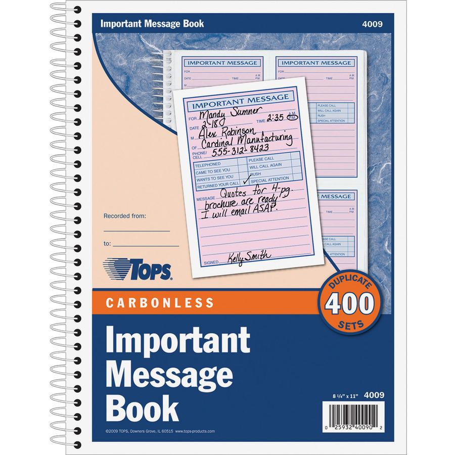 TOPS 4CPP Important Phone Message Book - 400 Sheet(s) - Spiral Bound - 2 PartCarbonless Copy - 8.25" x 11" Sheet Size - White - Assorted Sheet(s) - Blue, Red Print Color - 1 Each. Picture 3