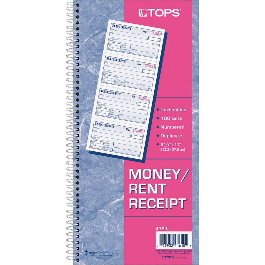 TOPS Carbonless 2-part Money Receipt Book - 200 Sheet(s) - Wire Bound - 2 PartCarbonless Copy - 5.50" x 11" Sheet Size - Canary, White - Blue, Red Print Color - 1 Each. Picture 2
