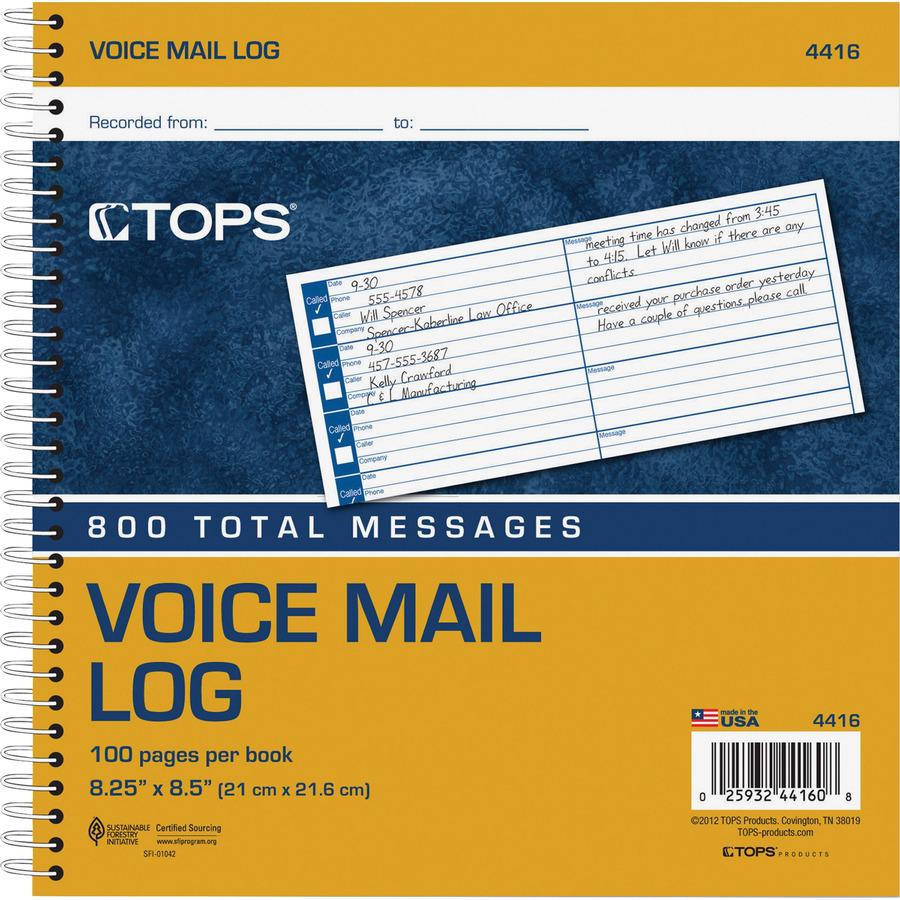 TOPS Spiral Bound Voice Message Log Book - 50 Sheet(s) - 8.25" x 8.50" Sheet Size - White - White Sheet(s) - 1 Each. Picture 3