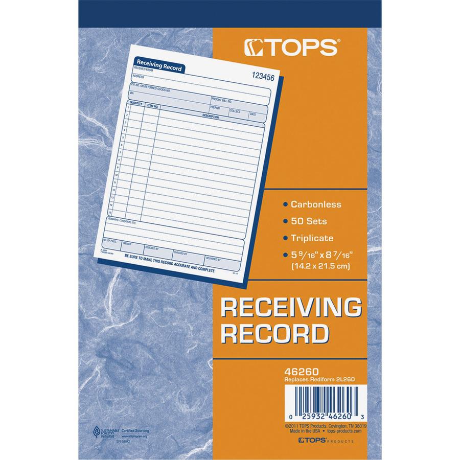 TOPS Carbonless Receiving Record Forms - 3 PartCarbonless Copy - 5.56" x 8.44" Sheet Size - 2 x Holes - Assorted Sheet(s) - Blue, Red Print Color - 1 Each. Picture 2