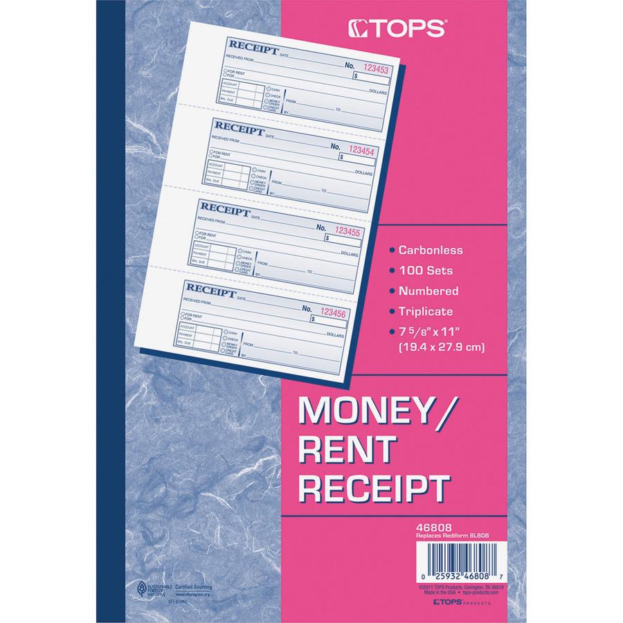 TOPS Money/Rent Receipt Book - 3 PartCarbonless Copy - 2.75" x 7.25" Sheet Size - Assorted Sheet(s) - Blue Print Color - 1 Each. Picture 2