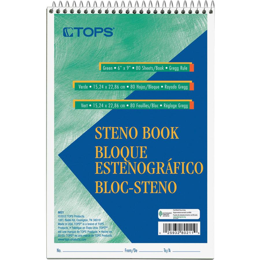 TOPS Green Tint Steno Books - 80 Sheets - Wire Bound - Ruled - 6" x 9" - Green Paper - Hardboard Cover - WireLock - 1 Each. Picture 3