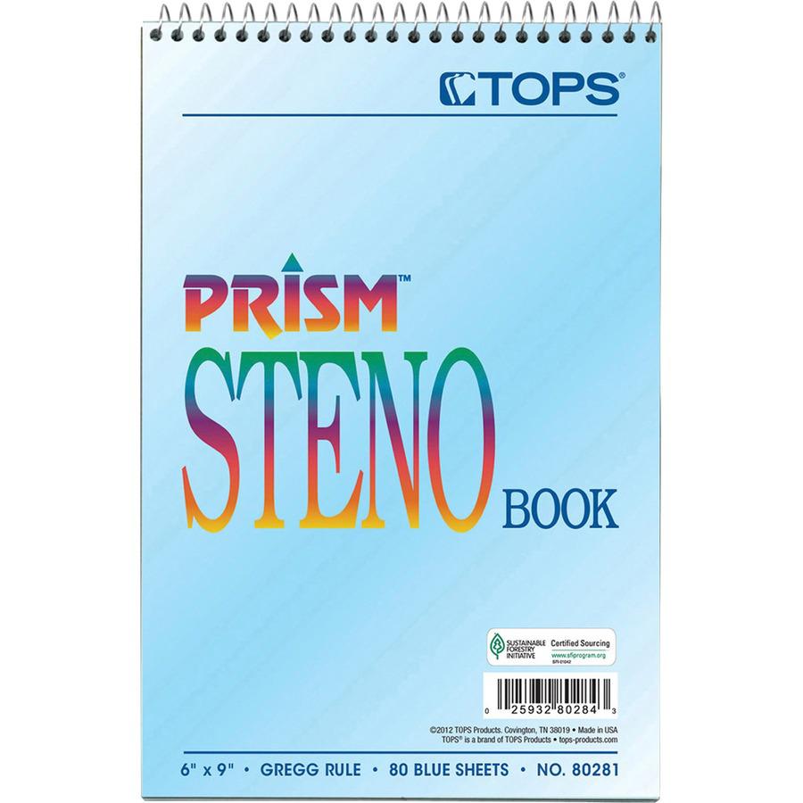 TOPS Prism Steno Books - 80 Sheets - Wire Bound - Gregg Ruled - 6" x 9" - Blue Paper - Perforated, Stiff-back, WireLock - 4 / Pack. Picture 5