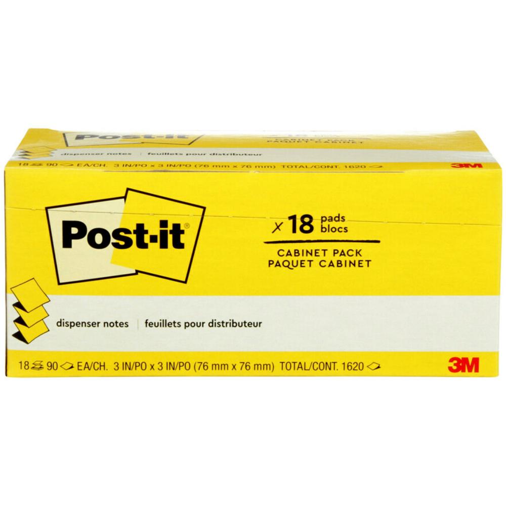 Post-it&reg; Dispenser Notes - 1620 - 3" x 3" - Square - 90 Sheets per Pad - Unruled - Canary Yellow - Paper - Self-adhesive, Removable - 18 / Pack. Picture 3