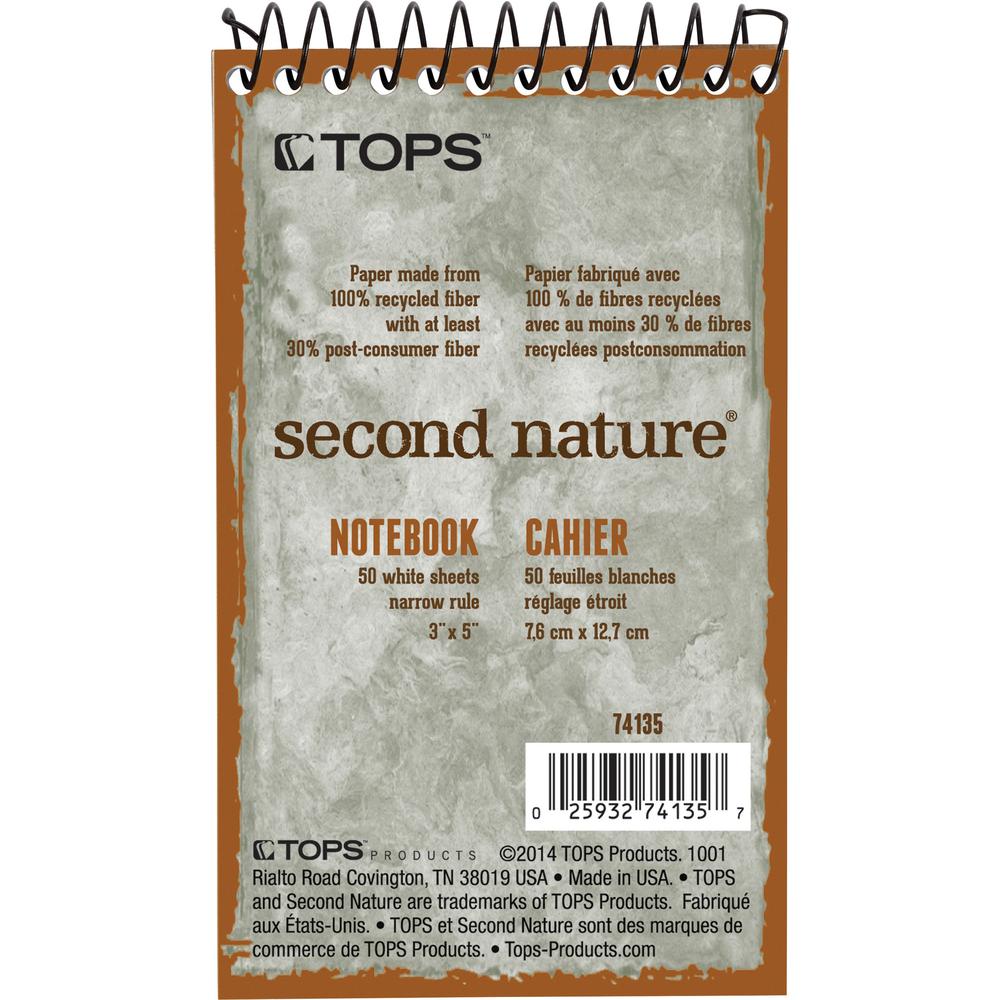 TOPS Second Nature Narrow Ruled Notebooks - 50 Sheets - Spiral - 3" x 5" - White Paper - Recycled - 1 Each. Picture 2