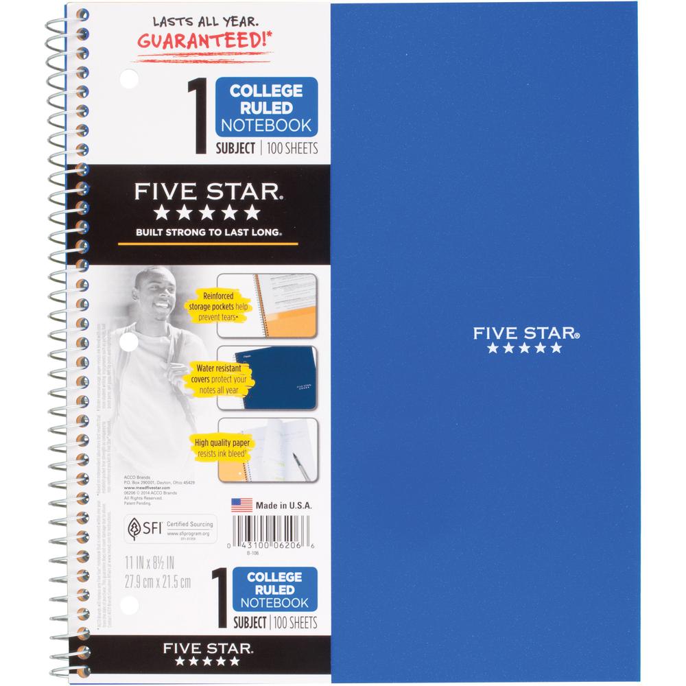 Five Star Wirebound Notebooks - 100 Sheets - Wire Bound - 11" x 8 1/2" - White Paper - Assorted Cover - Pocket, Stiff-back, Perforated, Pocket Divider, Heavyweight, Subject, Spiral Lock - 1 Each. Picture 2