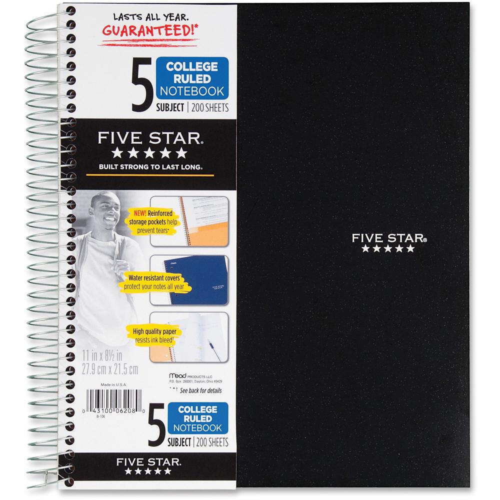 Mead Five-Star Wirebound 5-Subject Notebook - 200 Sheets - Wire Bound - 11" x 8 1/2" - White Paper - Assorted Cover - Pocket, Stiff-back, Perforated, Pocket Divider, Heavyweight, Subject, Spiral Lock . Picture 3