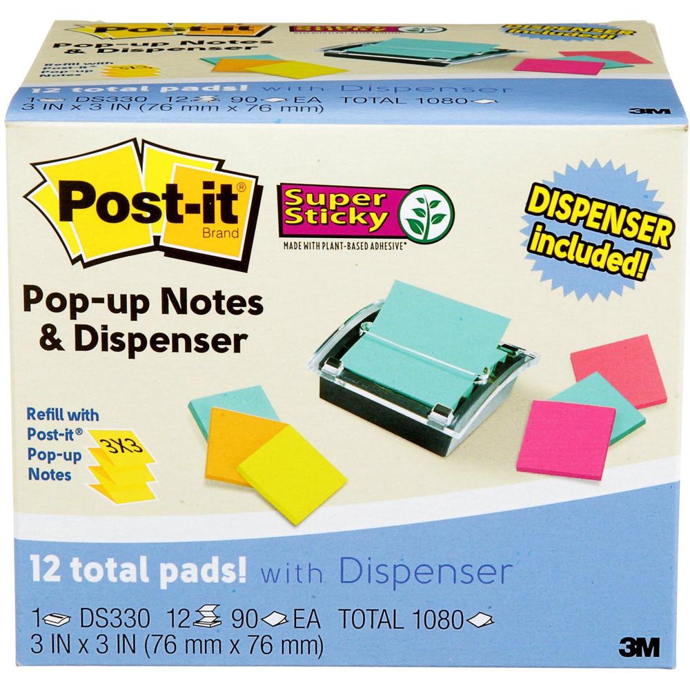 Post-it&reg; Super Sticky Dispenser Notes and Dispenser - 1080 - 3" x 3" - Square - 90 Sheets per Pad - Unruled - Blue, Orange, Green, Pink - Paper - Self-adhesive - 1 / Pack. Picture 3