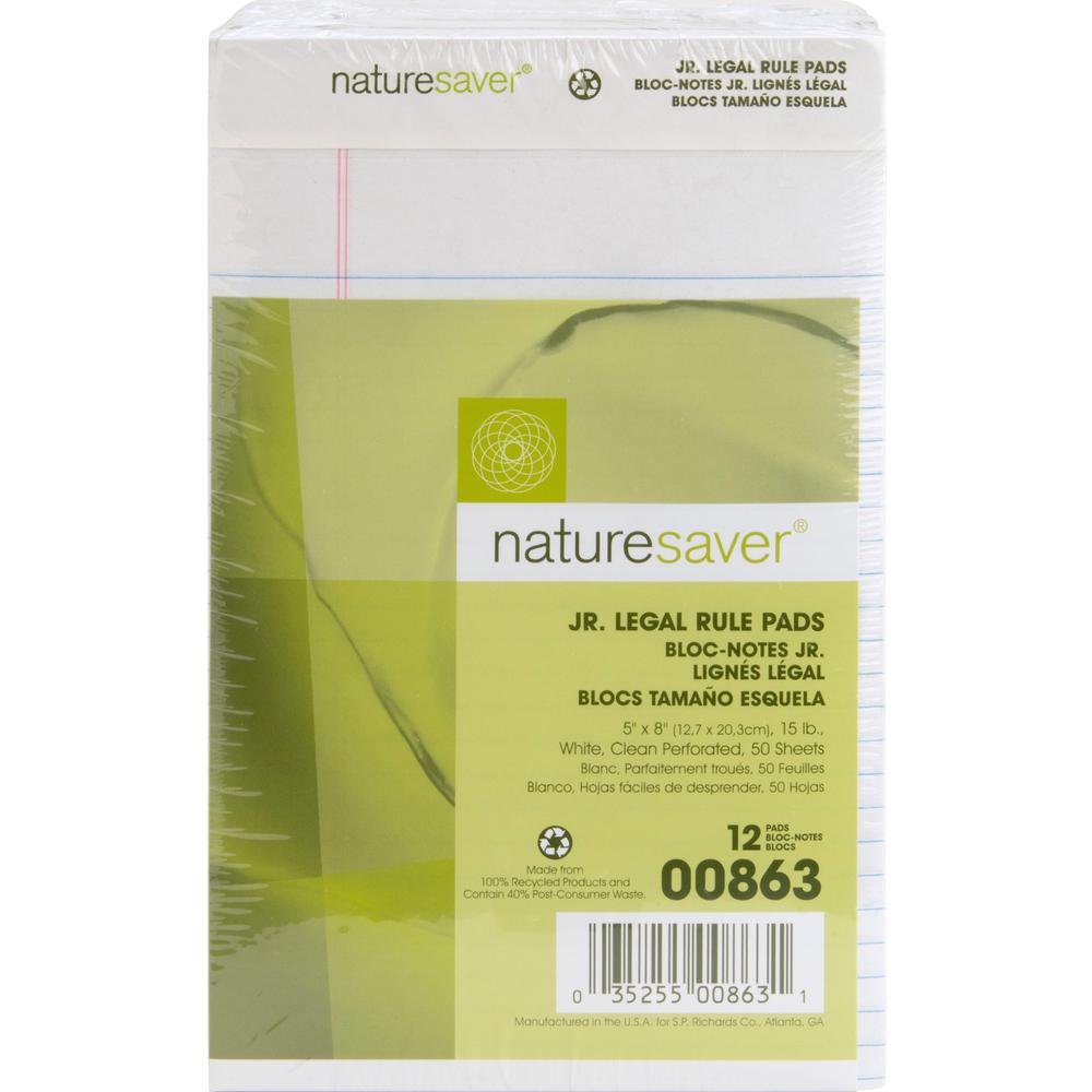 Nature Saver 100% Recycled White Jr. Rule Legal Pads - Jr.Legal - 50 Sheets - 0.28" Ruled - 15 lb Basis Weight - Jr.Legal - 5" x 8" - White Paper - Perforated, Back Board - Recycled - 1 Dozen. Picture 10