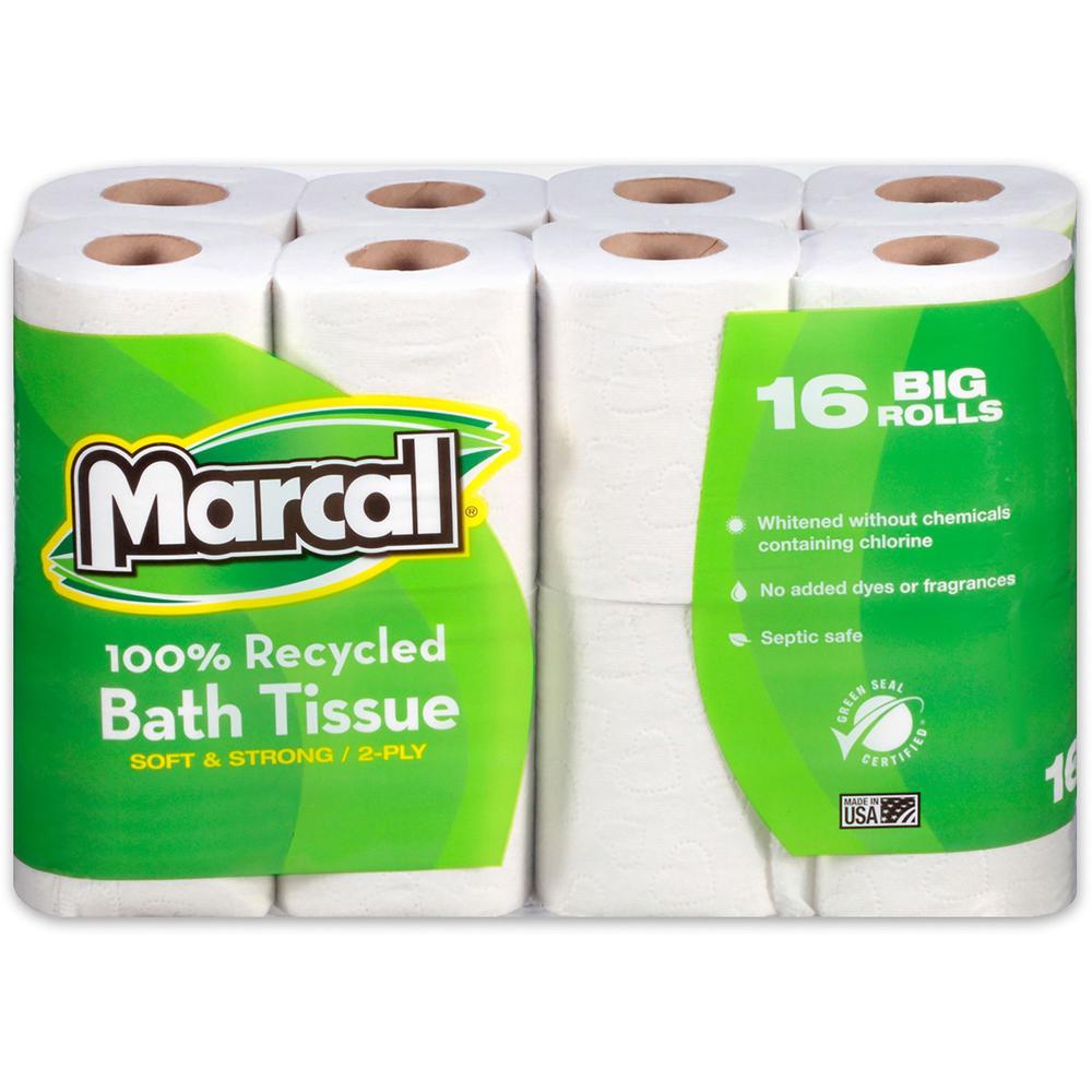 Marcal 100% Recycled Soft/Strong Bath Tissue - 2 Ply - 4.20" x 3.60" - 168 Sheets/Roll - White - 16 Rolls Per Container - 6 / Carton. Picture 4