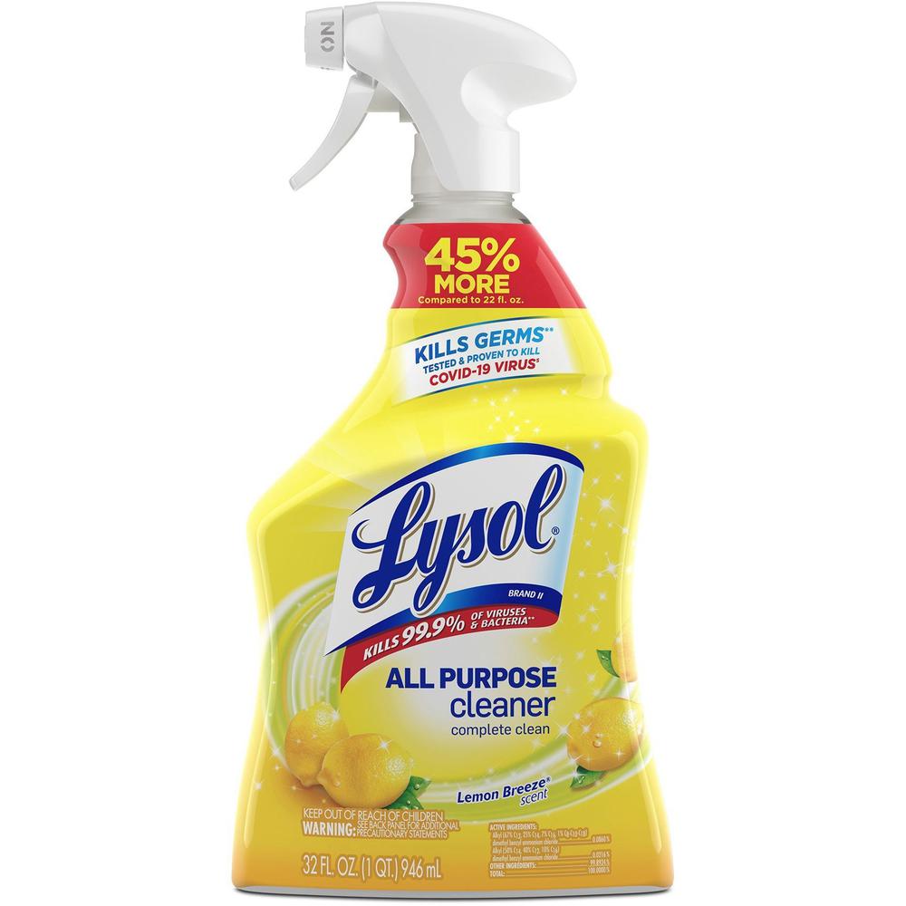 Lysol Lemon All Purpose Cleaner - Ready-To-Use - 32 fl oz (1 quart) - Lemon Breeze Scent - 12 / Carton - Deodorize, Disinfectant - Yellow. Picture 2