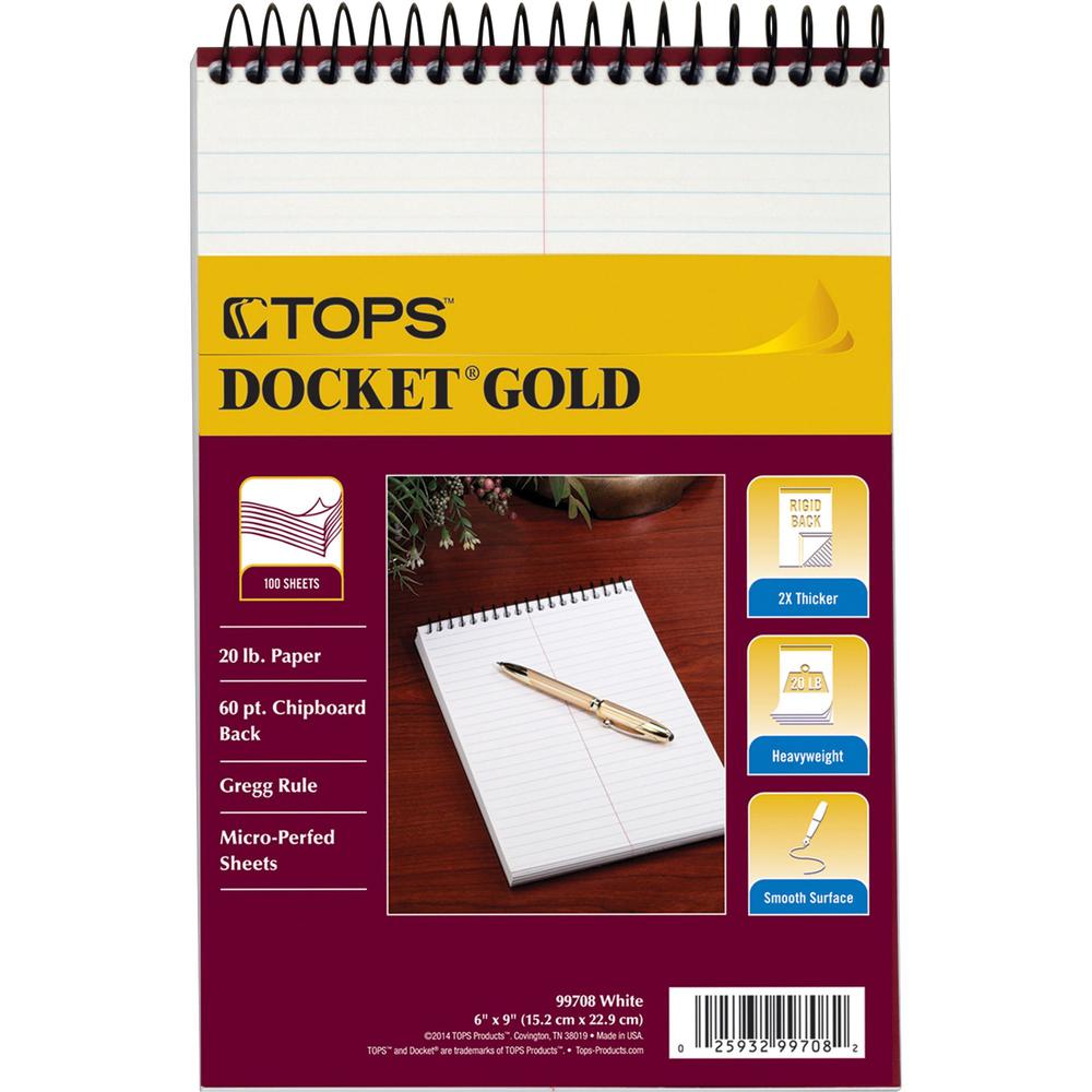 TOPS Docket Gold Spiral Steno Book - 100 Sheets - Coilock - 20 lb Basis Weight - 6" x 9" - 9" x 6" - White Paper - Frosty Clear Cover - Poly Cover - Perforated, Acid-free, Heavyweight, Unpunched - 1 E. Picture 2