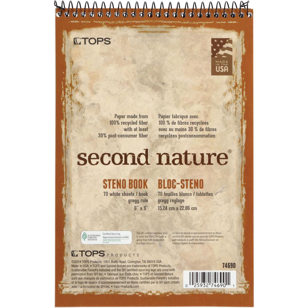 TOPS Second Nature Spiral Steno Notebook - 70 Sheets - Spiral - 0.34" Ruled - 15 lb Basis Weight - 6" x 9" - 1" x 6"9" - White Paper - Blue, Gray, Brown Cover - Acid-free - Recycled - 4 / Pack. Picture 3
