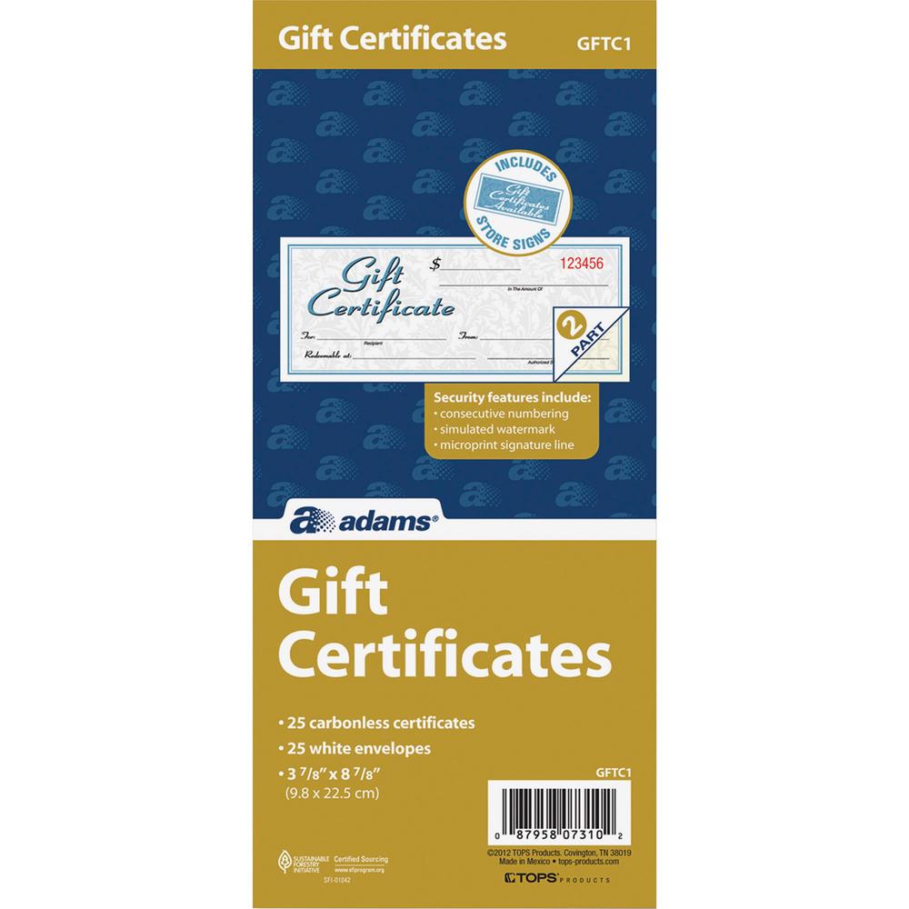 Adams Two-part Carbonless Gift Certificates - 2-Part Carbonless, 25 Numbered Certificates per Book, Store Sign. Picture 2