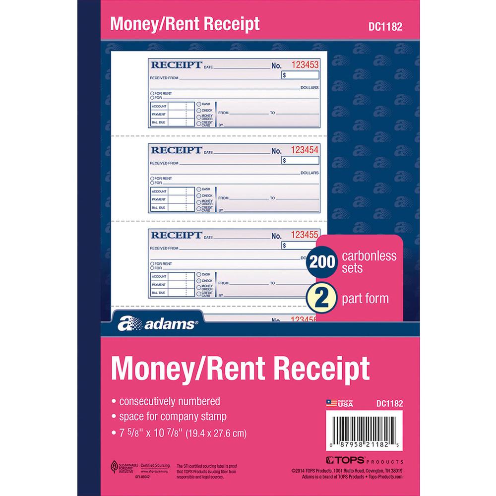 Adams Money/Rent Receipt Book - 200 Sheet(s) - Tape Bound - 2 PartCarbonless Copy - 7.62" x 11" Sheet Size - White - 1 Each. Picture 4