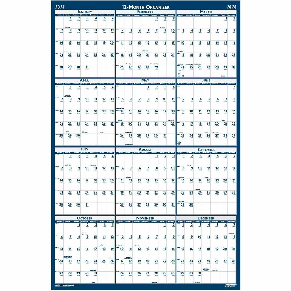 House of Doolittle Recycled Laminated Reversible Planner - Professional - Julian Dates - Yearly - 12 Month - January 2024 - December 2024 - 24" x 37" Blue/Gray Sheet - 1.25" x 1.63" , 1.38" Block - Bl. Picture 2