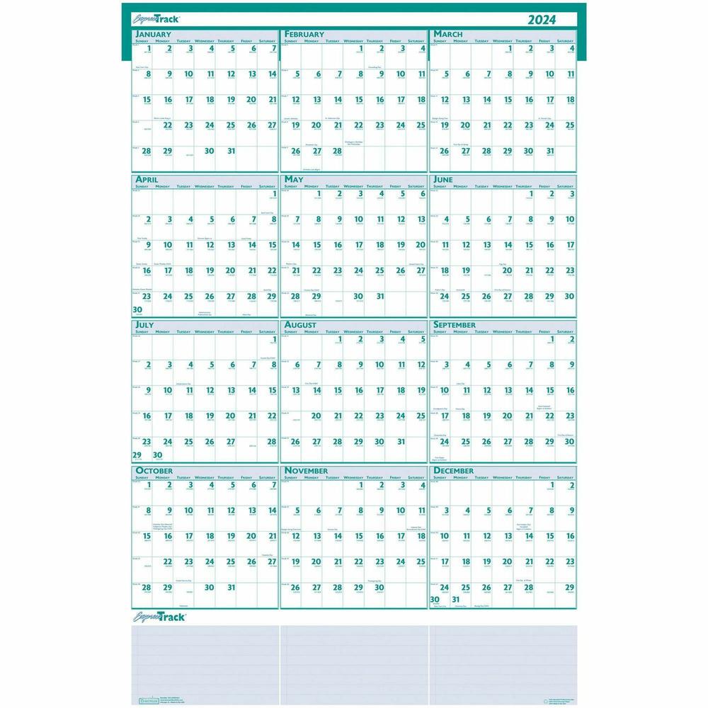 House of Doolittle Express Track Yearly Laminated Planner - Julian Dates - Yearly - 12 Month - January 2024 - December 2024 - 24" x 37" Sheet Size - 1.25" x 1.38" Block - Blue, Green - Paper - Laminat. Picture 2