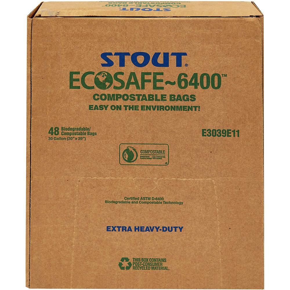 Stout EcoSafe Trash Bags - 13 gal Capacity - 24" Width x 30" Length - 0.85 mil (22 Micron) Thickness - Green - 45/Carton. Picture 3