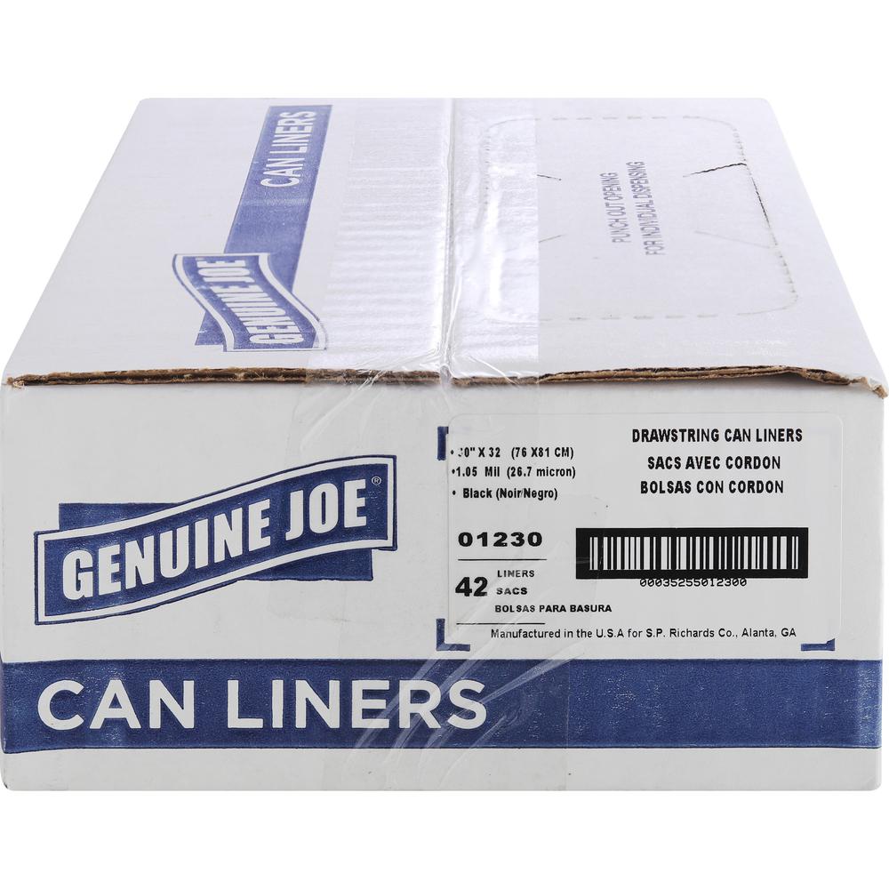 Genuine Joe Flexible Drawstring Trash Can Liners - Medium Size - 30 gal Capacity - 30" Width x 32" Length - 1.05 mil (27 Micron) Thickness - Low Density - Black - Resin - 42/Carton. Picture 5