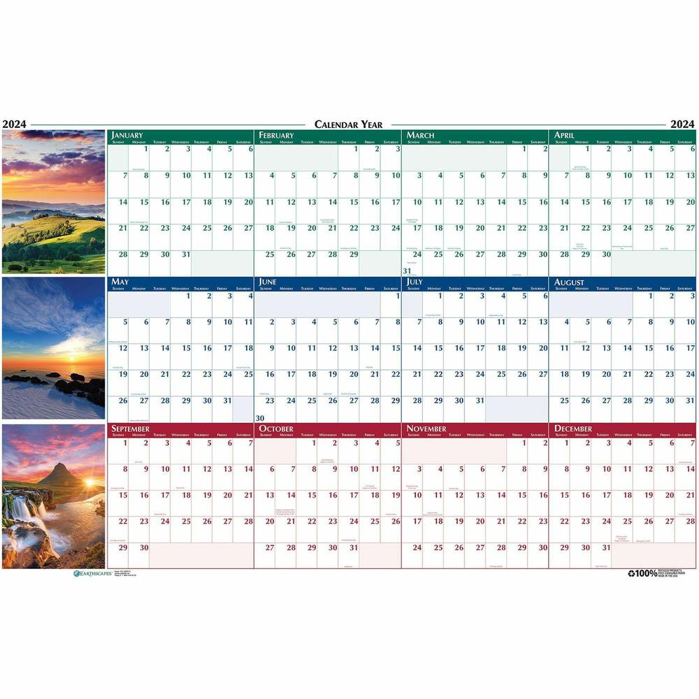House of Doolittle Earthscapes Scenic Wipe-off Wall Planner - Julian Dates - Yearly - 1 Year - January 2024 - December 2024 - 32" x 48" Sheet Size - 1.13" x 1.38" Block - Multi - Paper - Laminated, Er. Picture 2