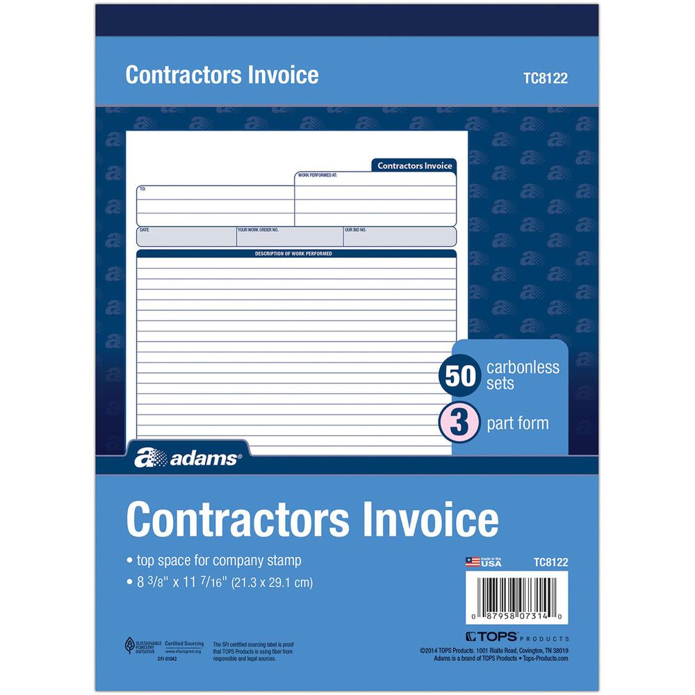 Adams Contractor's Invoice Book - 50 Sheet(s) - 3 PartCarbonless Copy - 8.37" x 11" Sheet Size - White - 1 Each. Picture 2