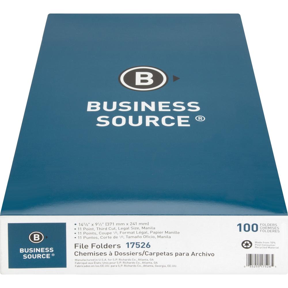 Business Source 1/3 Tab Cut Legal Recycled Top Tab File Folder - 8 1/2" x 14" - 3/4" Expansion - Top Tab Location - Assorted Position Tab Position - Manila - Manila - 10% Recycled - 100 / Box. Picture 9