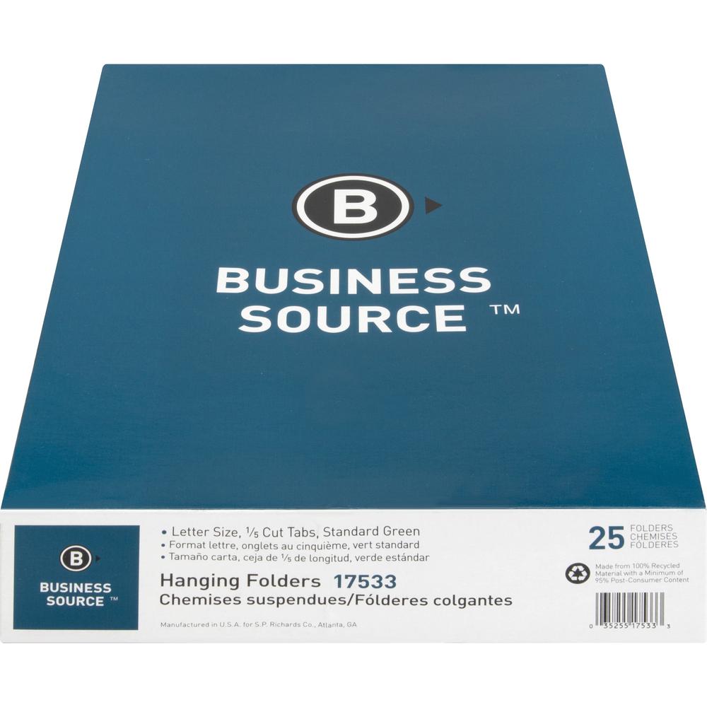Business Source 1/5 Tab Cut Letter Recycled Hanging Folder - 8 1/2" x 11" - Green - 100% Recycled - 25 / Box. Picture 4