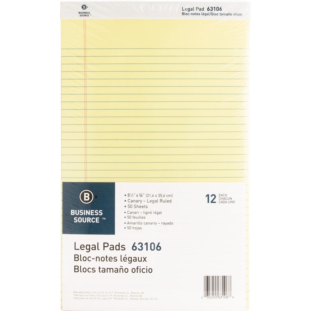 Business Source Micro - Perforated Legal Ruled Pads - Legal - 50 Sheets - 0.34" Ruled - 16 lb Basis Weight - 8 1/2" x 14" - Canary Paper - Micro Perforated, Easy Tear, Sturdy Back - 1 Dozen. Picture 5