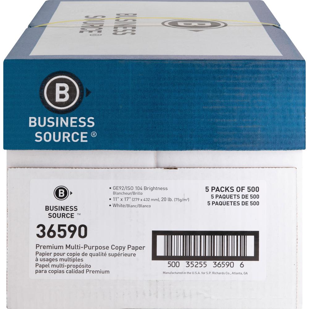 Business Source Premium Multipurpose Copy Paper - 92 Brightness - Ledger/Tabloid - 11" x 17" - 20 lb Basis Weight - 2500 / Carton - Acid-free - White. Picture 5