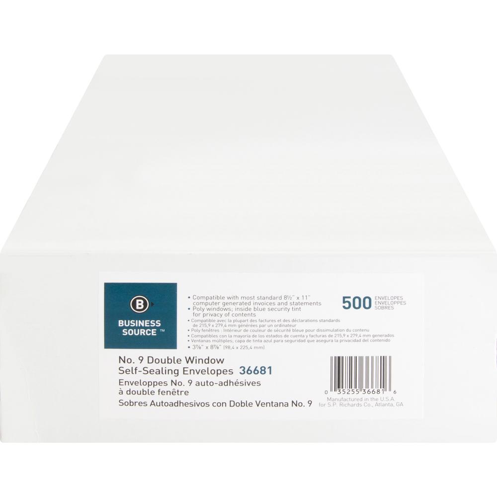 Business Source No. 9 Double Window Invoice Envelopes - Double Window - #9 - 8 7/8" Width x 3 7/8" Length - 24 lb - Self-sealing - 500 / Box - White. Picture 6