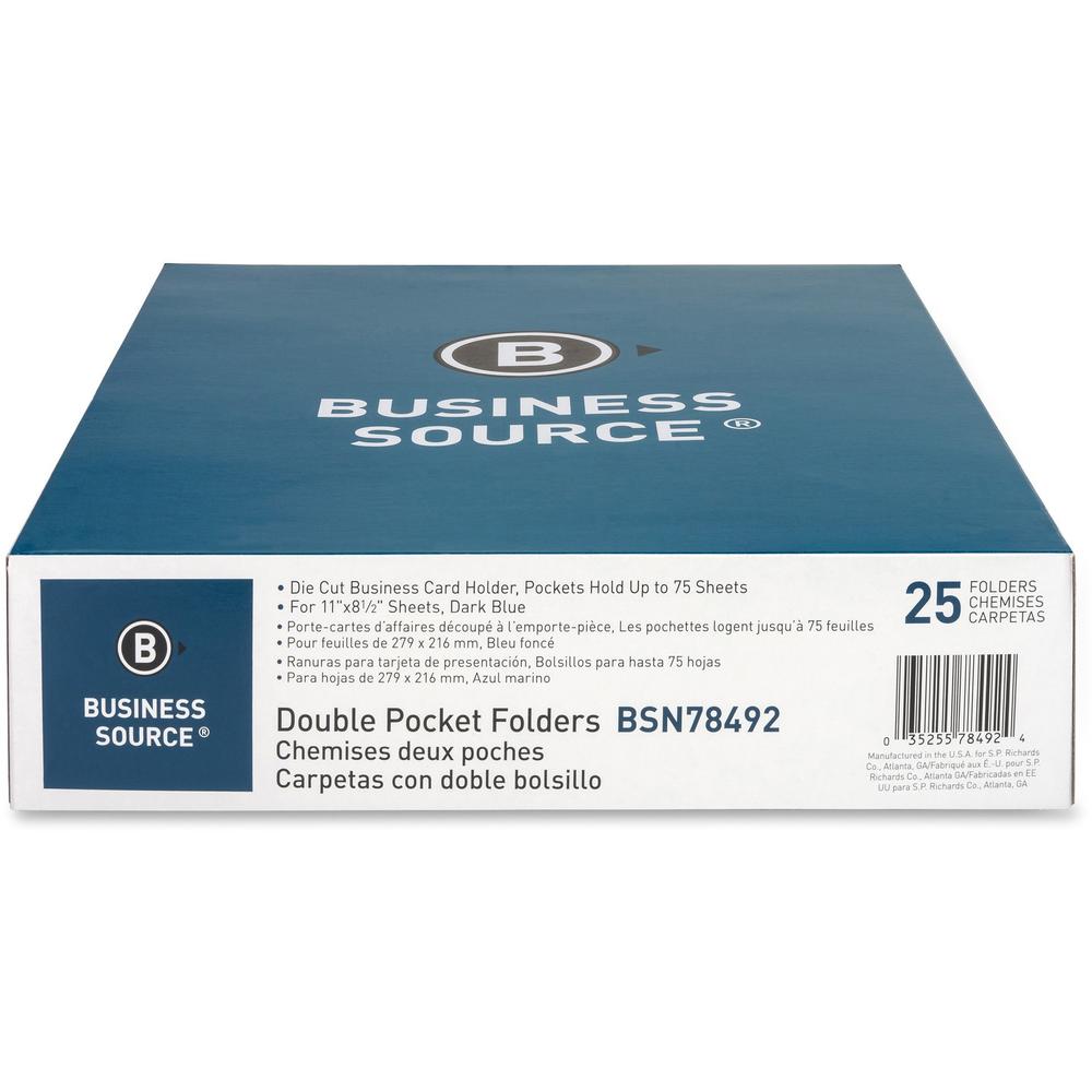 Business Source Letter Recycled Pocket Folder - 8 1/2" x 11" - 100 Sheet Capacity - 2 Inside Front & Back Pocket(s) - Paper - Dark Blue - 35% Recycled - 25 / Box. Picture 3