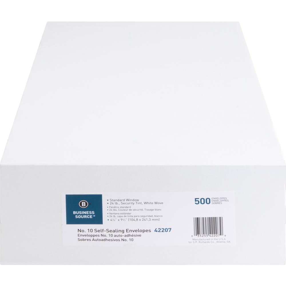 Business Source No.10 Standard Window Invoice Envelopes - Single Window - 9 1/2" Width x 4 1/2" Length - 24 lb - Self-sealing - Poly - 500 / Box - White. Picture 2