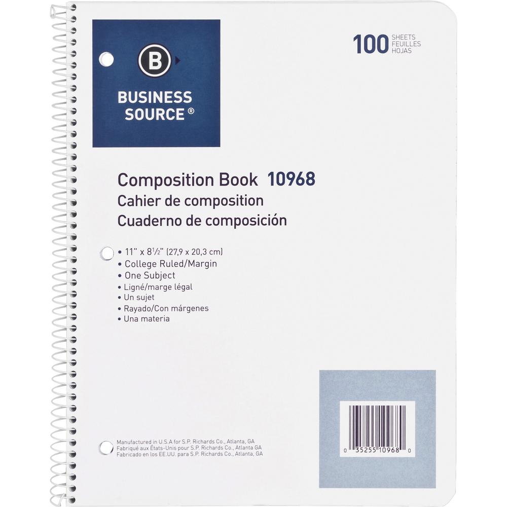 Business Source Wirebound College Ruled Notebooks - Letter - 100 Sheets - Wire Bound - 16 lb Basis Weight - 8 1/2" x 11" - White Paper - Stiff-back - 1 Each. Picture 4