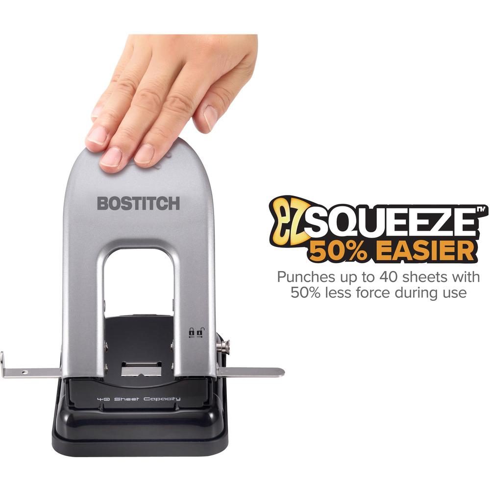 Bostitch EZ Squeeze&trade; 40 Two-Hole Punch - 2 Punch Head(s) - 40 Sheet - 9/32" Punch Size - 6.5" x 2.8" - Black, Silver. Picture 7