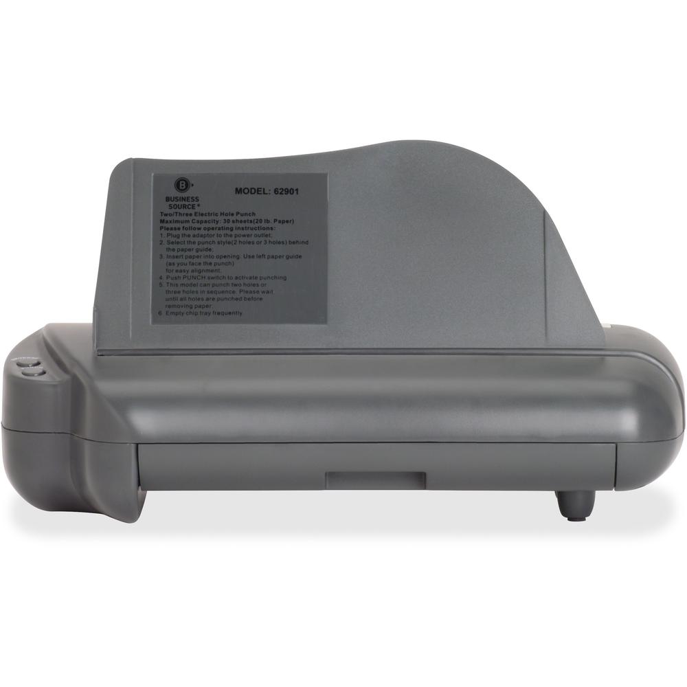 Business Source Electric Adjustable 3-hole Punch - 3 Punch Head(s) - 30 Sheet of 20lb Paper - 1/4" Punch Size - 17.8" x 5.3" x 8.3" - Gray. Picture 12
