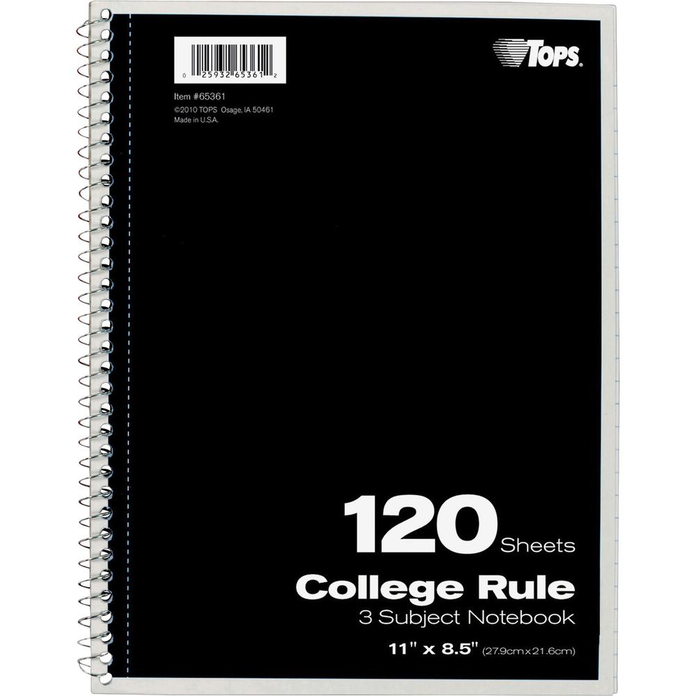 TOPS 3 - subject College Ruled Notebook - Letter - 120 Sheets - Wire Bound - Letter - 8 1/2" x 11" - 0.25" x 8.5" x 11" - Assorted Paper - Black, Red, Blue, Green, Purple Cover - Divider, Perforated -. Picture 2
