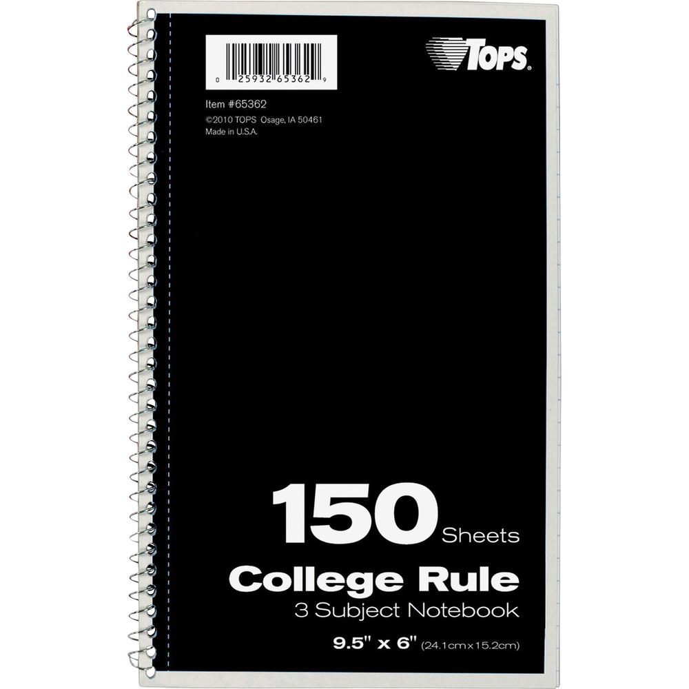 TOPS 3-subject College Ruled Notebook - 150 Sheets - Wire Bound - 9 1/2" x 6" - 13" x 7.5" x 9.8" - Bright White Paper - Black, Red, Blue, Green, Purple Cover - Divider, Perforated - 1 Each. Picture 3