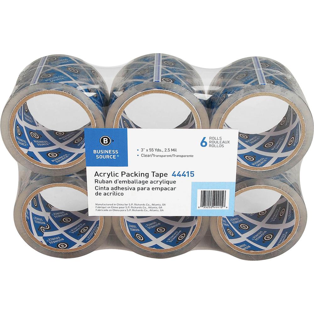 Business Source Acrylic Packing Tape - 55 yd Length x 3" Width - 2.5 mil Thickness - 3" Core - Pressure-sensitive Poly - Acrylic Backing - For Mailing, Shipping, Storing - 6 / Pack - Clear. Picture 2