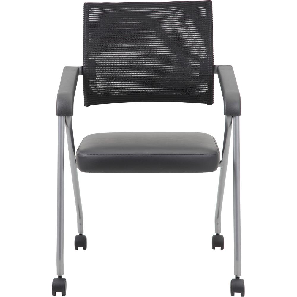 Boss Caressoft Plus Training Chair - Black Vinyl Seat - Black Mesh Back - Pewter Frame - Four-legged Base - Armrest - 2 / Carton. Picture 2