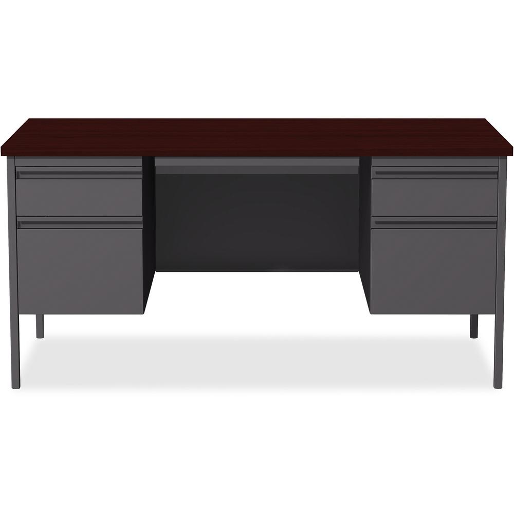 Lorell Fortress Series Double-Pedestal Desk - For - Table TopRectangle Top x 60" Table Top Width x 30" Table Top Depth x 1.12" Table Top Thickness - 29.50" Height - Assembly Required - Laminated, Maho. Picture 2