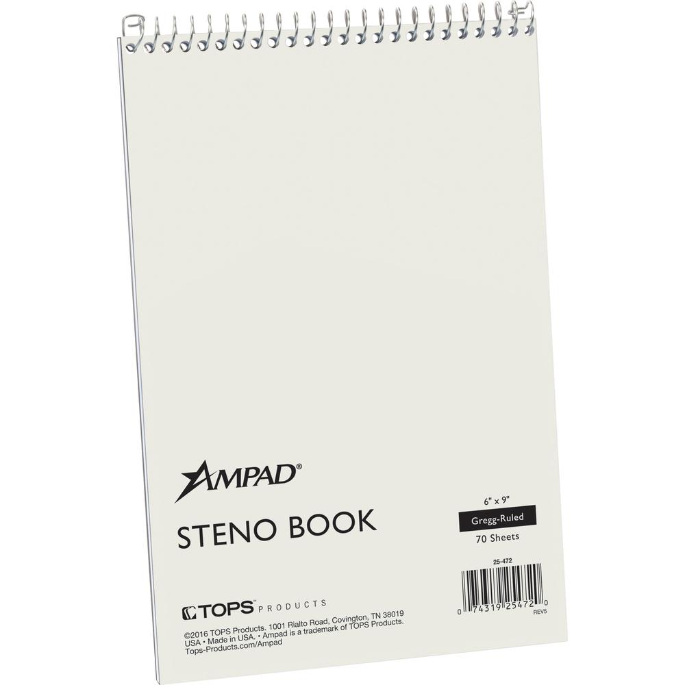 Ampad Kraft Cover Steno Book - 70 Sheets - Wire Bound - 0.34" Ruled - Gregg Ruled - 15 lb Basis Weight - 6" x 9" - White Paper - Kraft Cover - Chipboard Backing, Sturdy Cover - 1 Each. Picture 2