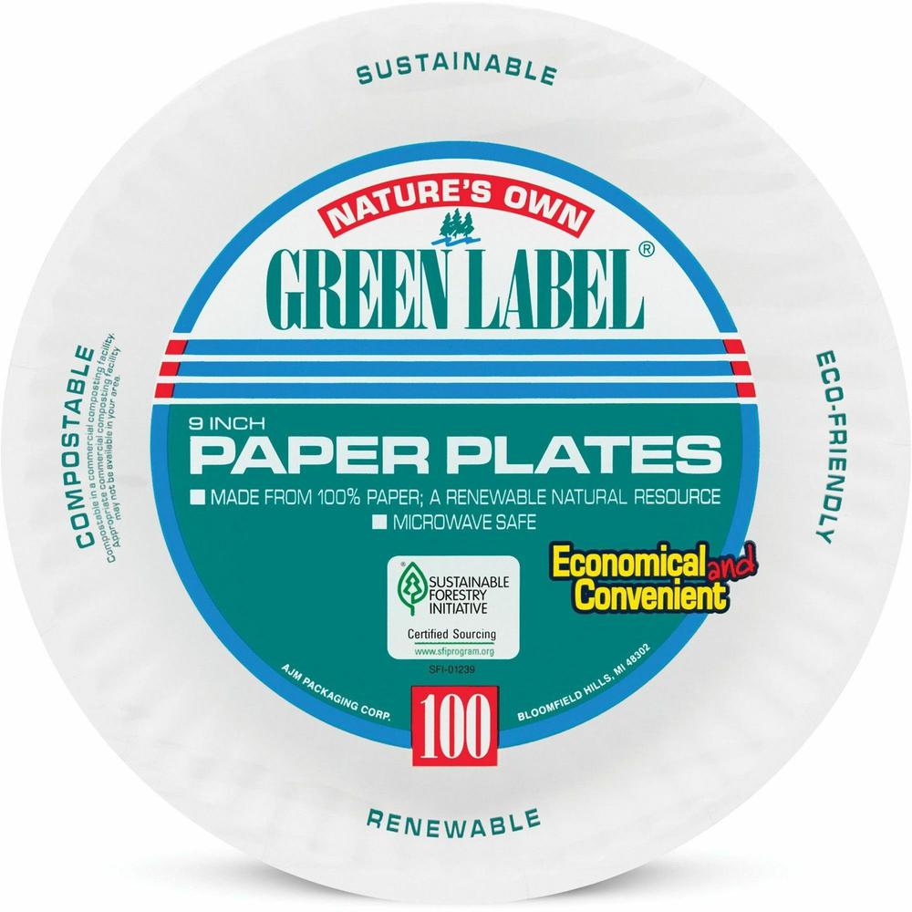 AJM Green Label 9" Economy Paper Plates - 100 / Pack - Microwave Safe - 9" Diameter - White - Paper Body - 10 / Carton. Picture 2