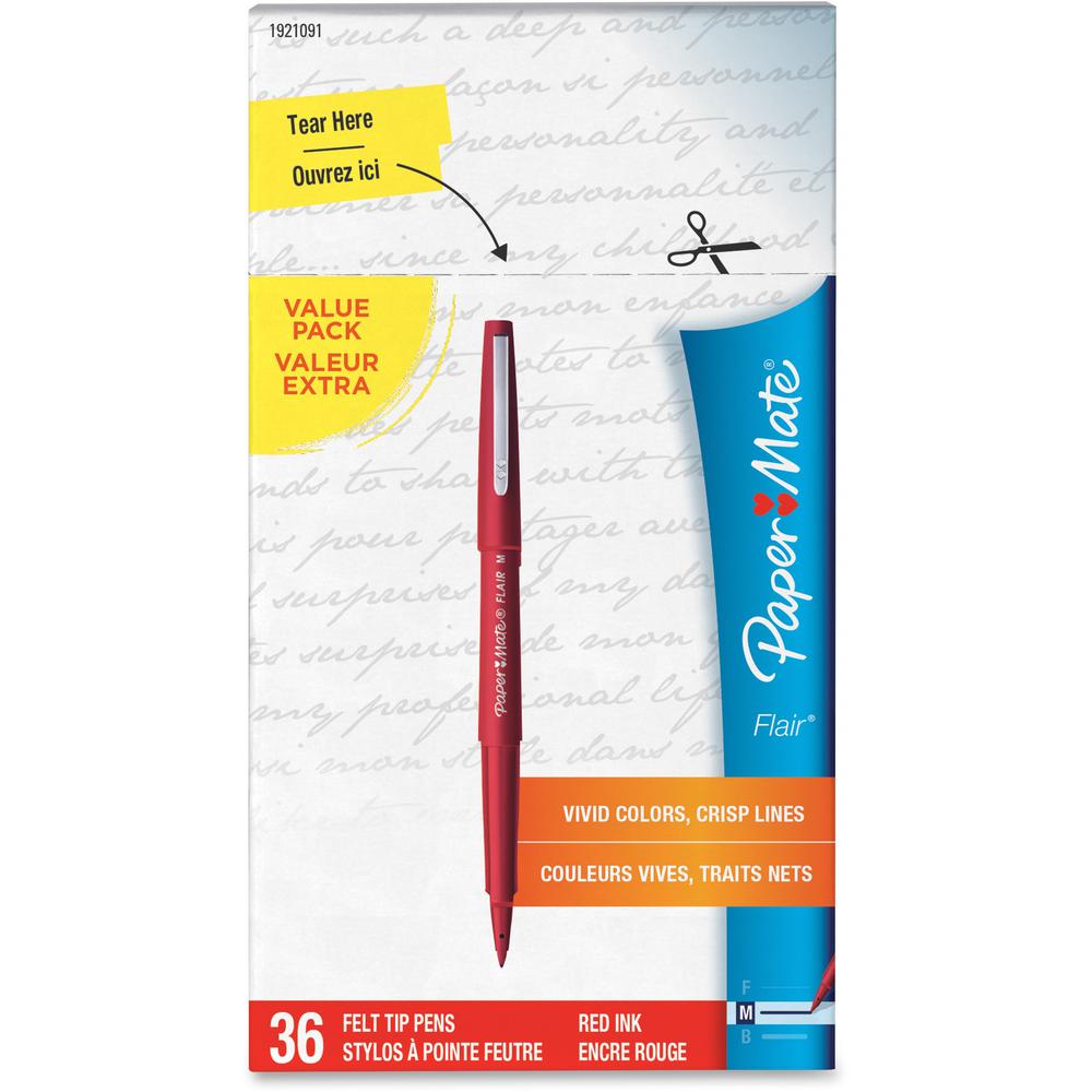 Paper Mate Flair Medium Point Porous Markers - Medium Pen Point - 1.4 mm Pen Point Size - Bullet Pen Point Style - Red Water Based Ink - Red Barrel - Felt Tip - 36 / Pack. Picture 7