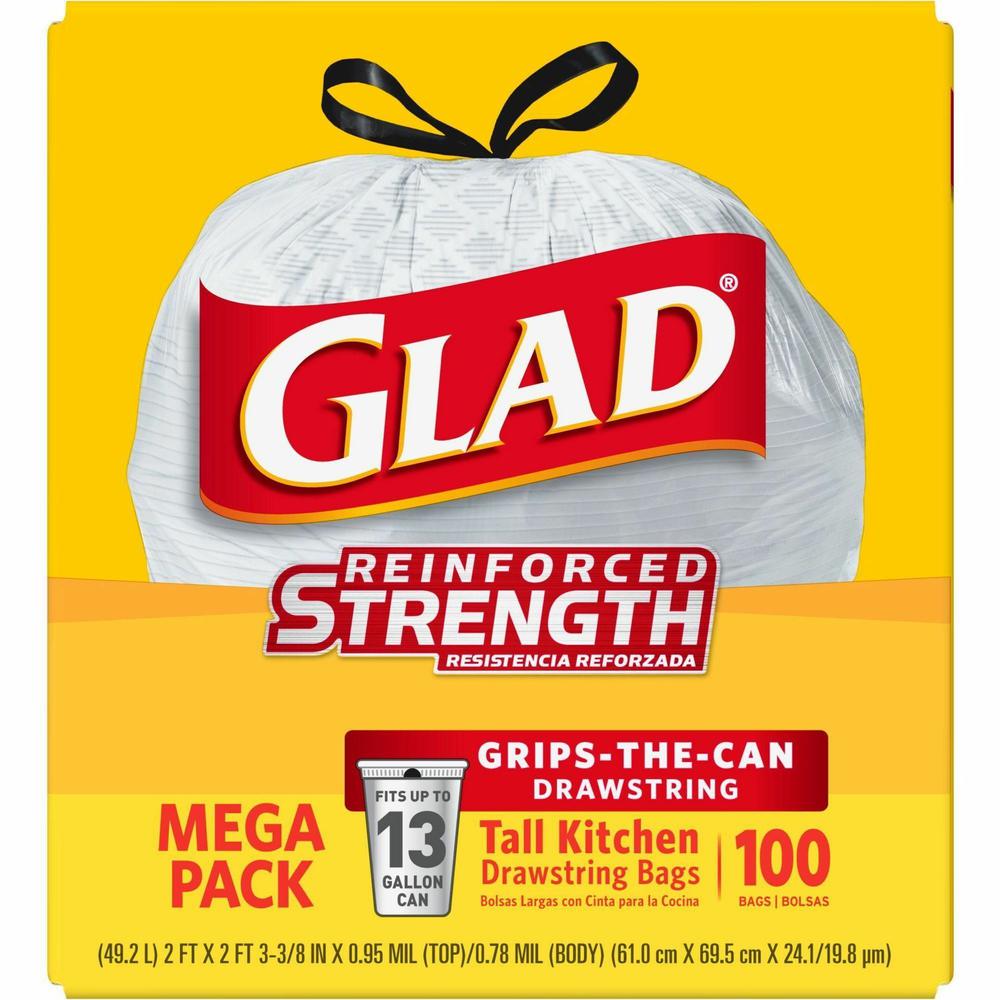 Glad ForceFlex Tall Kitchen Drawstring Trash Bags - 13 gal Capacity - 24" Width x 27" Length - Drawstring Closure - White - Plastic - 4/Carton - 100 Per Box - Kitchen, Office, Day Care, Restaurant, Sc. Picture 4