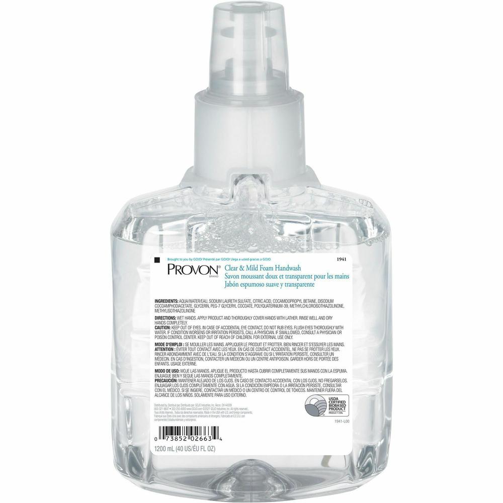 Provon LTX-12 Refill Clear & Mild Foam Handwash - 40.6 fl oz (1200 mL) - Pump Bottle Dispenser - Kill Germs - Skin, Hand - Moisturizing - Clear - Rich Lather, Fragrance-free, Dye-free - 2 / Carton. Picture 3