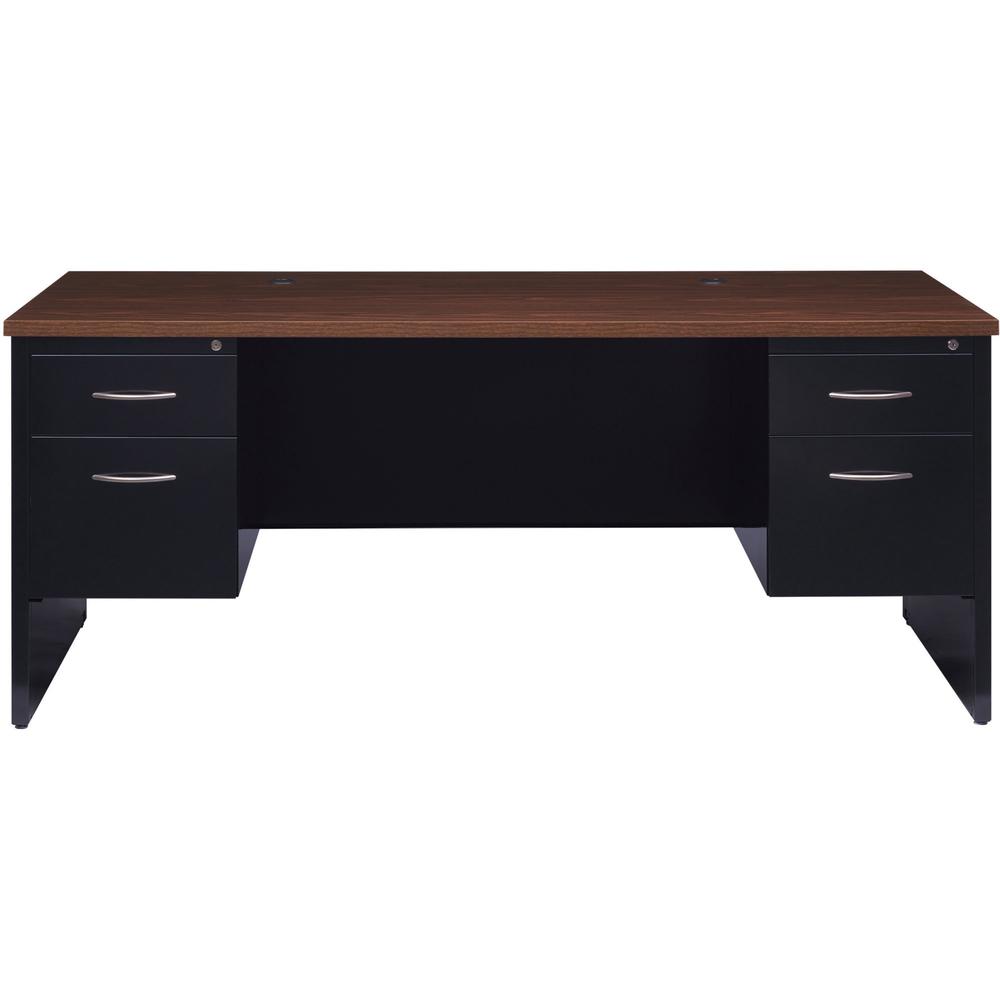 Lorell Fortress Modular Series Double-Pedestal Desk - 72" x 36" , 1.1" Top - 2 x Box, File Drawer(s) - Double Pedestal - Material: Steel - Finish: Walnut Laminate, Black - Scratch Resistant, Stain Res. Picture 3